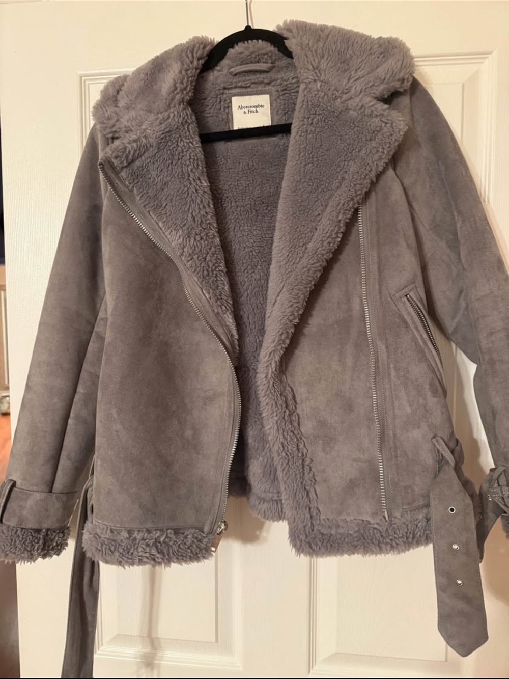 Abercrombie & Fitch Grey Faux Shearling Biker Jacket